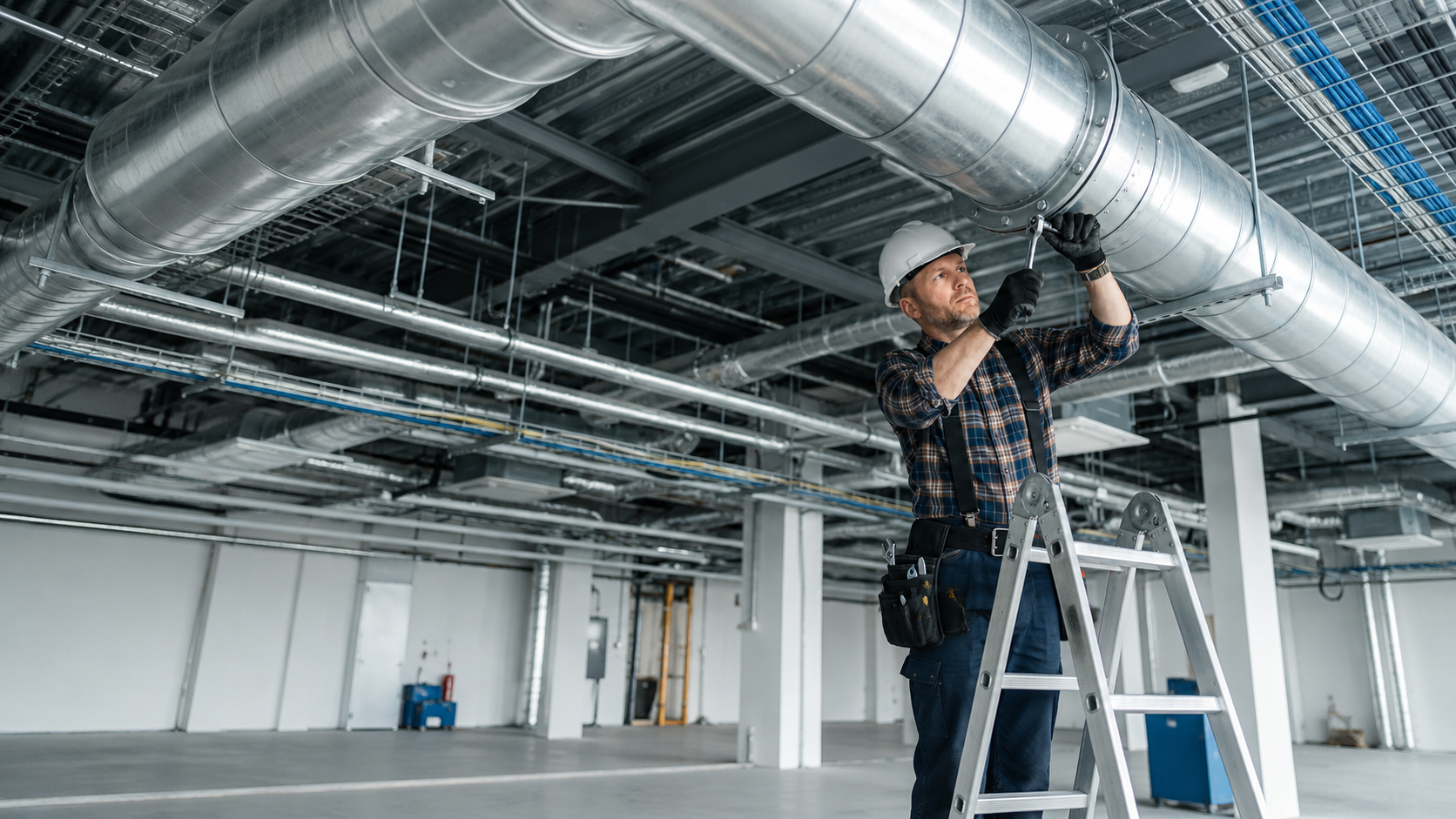 HVAC technician servicing large air duct system